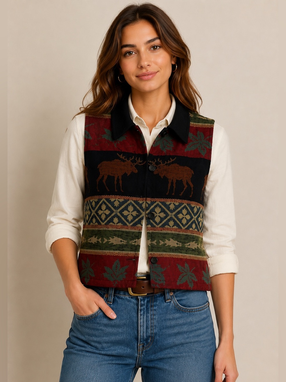 Coldwater Creek Tapestry Moose Pattern Vest Sleeveless Cabincore Nature Size L